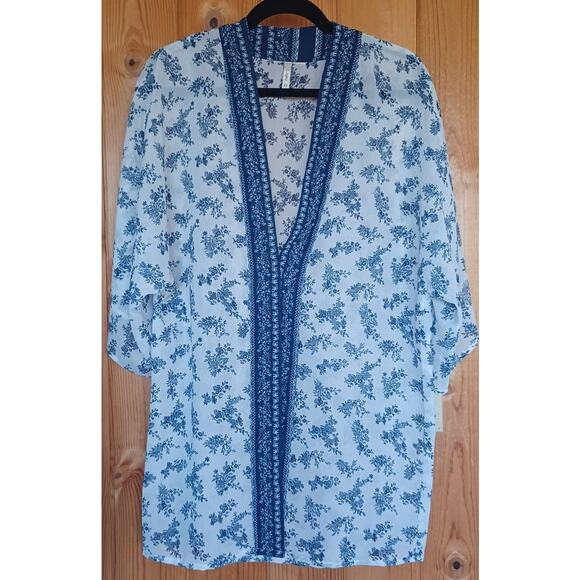 Japna Blue and White Floral Kimono Swim Cover Up Women's XS Sheer Topper Jacket - Picture 3 of 5
